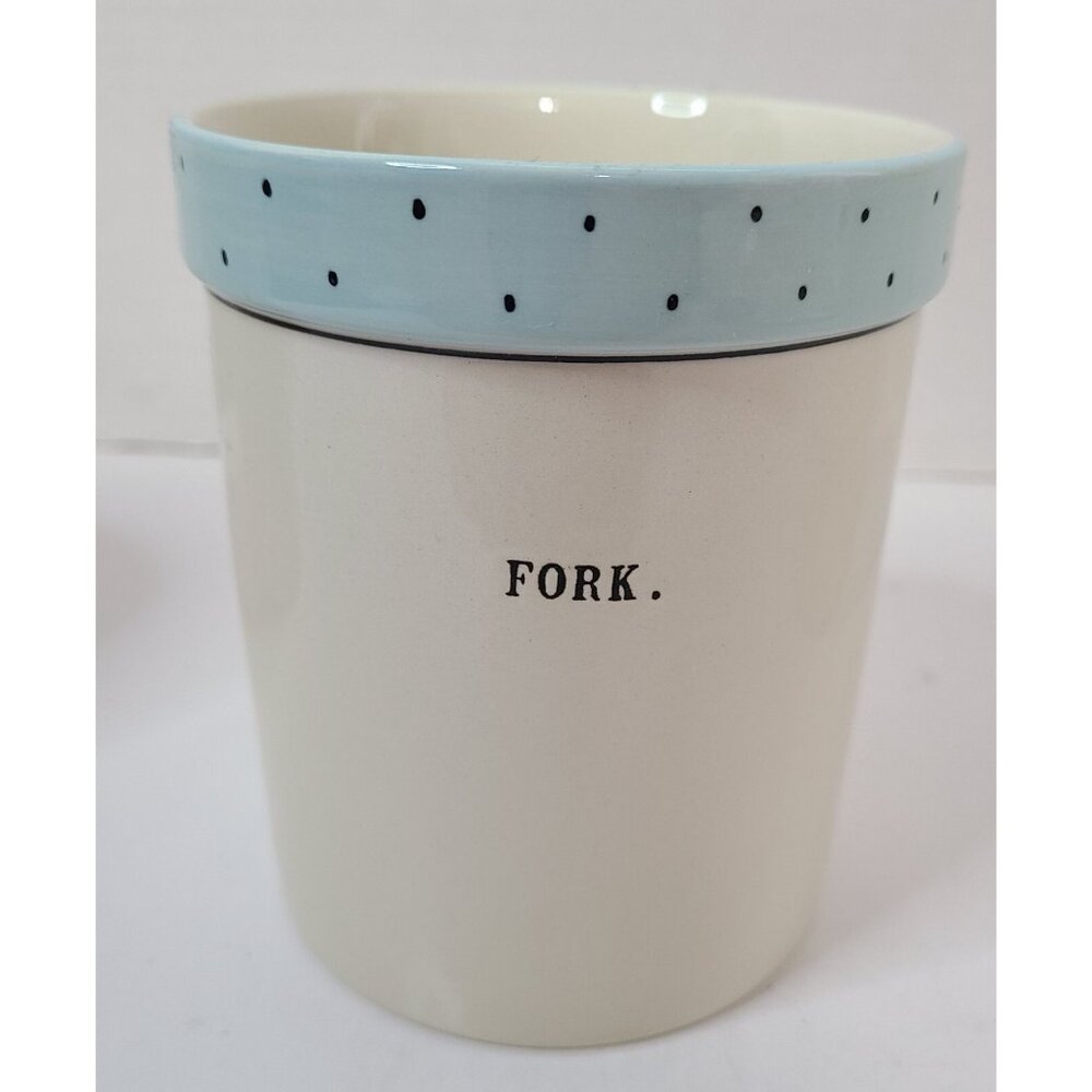 Rae Dunn 4pc Polka Dot Fork Knife Spoon Utensil Jars & Platter Blue Green Yellow - Picture 9 of 15